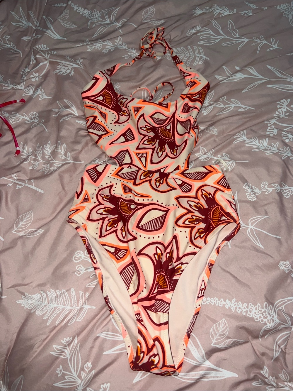 Floral Cutout One-Piece Swimsuit in Peach & Burgundy